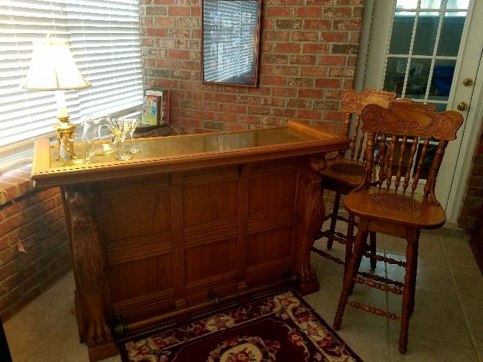 Hand carved Oak bar w/ brass top and 2 stools