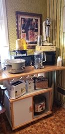 microwave cart, island, kitchen appliances, vintage milkshake makers