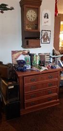 filing cabinet, antique time clock, cards, games