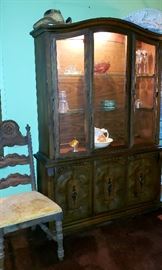 vintage china cabinet, antique chair
