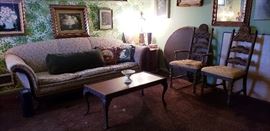 antique sofa, antique chairs, antique coffee table, vintage end table