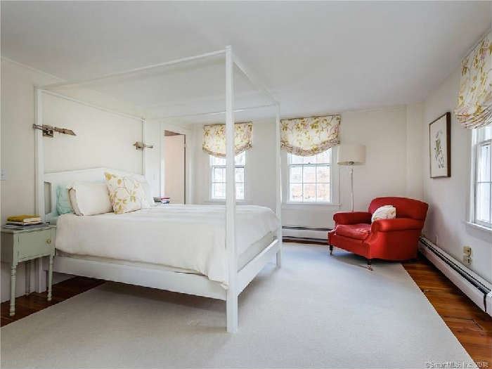 BED: Solid wood Queen size, 83 1/3" high x 64" wide x 85 ¾" long.   LAMP: Restoration Hardware standing lamp; RUG: white wool/cotton? (approx.) 9' x 9'. TWO BED TABLES: Vintage, as is -- with hinged doors, turned legs, in pale grey-blue wash.  28 ¼" x 15 1/8" x 14 7/8" deep. Bought in Beccles, England.