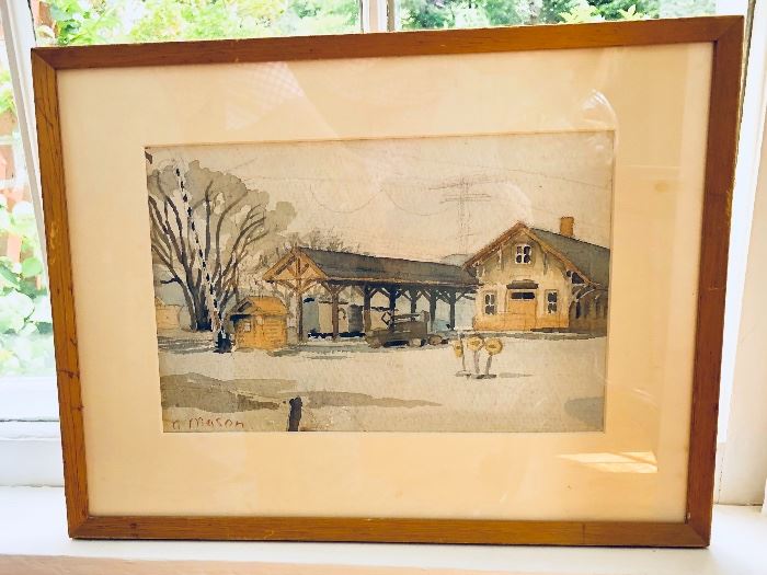 c. 1940s original watercolor of New Milford, CT train depot. Site size approx. 12" x 8" and with frame 15" x 11" 