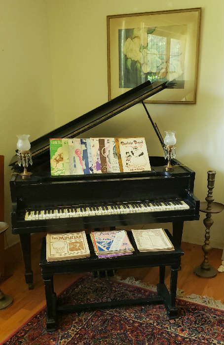 Baby Grand Piano and Vintage Sheet Music
