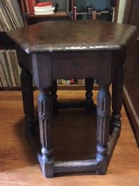 Primitive English country 6-legged table with single plank top and hand carvings