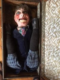 One of two dummies in their original metal travel suitcases, used by family member magician & ventriloquist Alphonsus Crofts of Dallas, originally England
