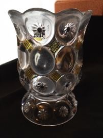 5" thumbprint goblet with colored glass and etched design
