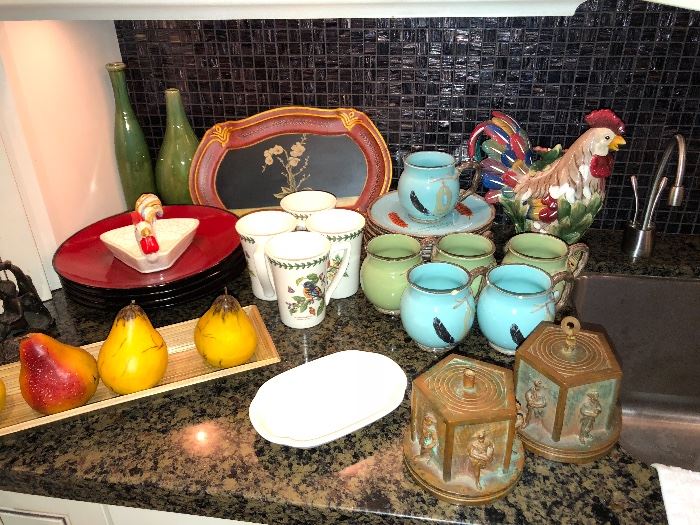 Kitchen items. Ceramic chicken. Tea party items