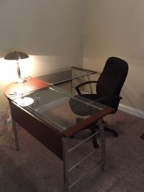 Glass top L-Shaped Desk, Office Chair 