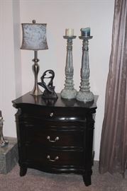 Wood Cabinet with 3 Drawers, Small Lamp, Pair of Candle Sticks and Decorative