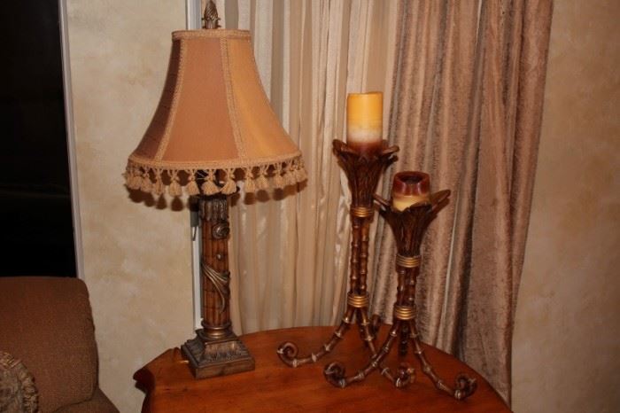 Small Side Table, Candlesticks and Lamp with Fringed Lamp Shade