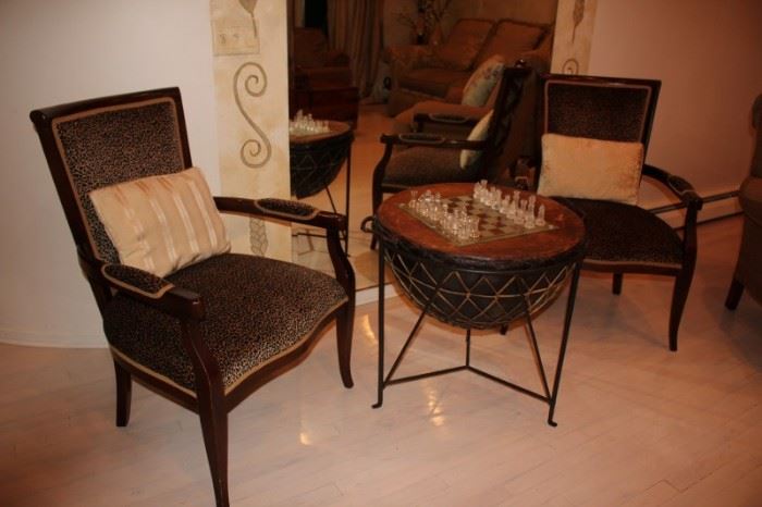 Pair of Nice Side  Chairs with Drum Table and Chess Set