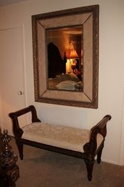 Wood Bench with Cushion and Large Framed Mirror