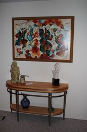 Demi-lune Table with Bottom Shelf, Small Statuary, Decorative Items and Art