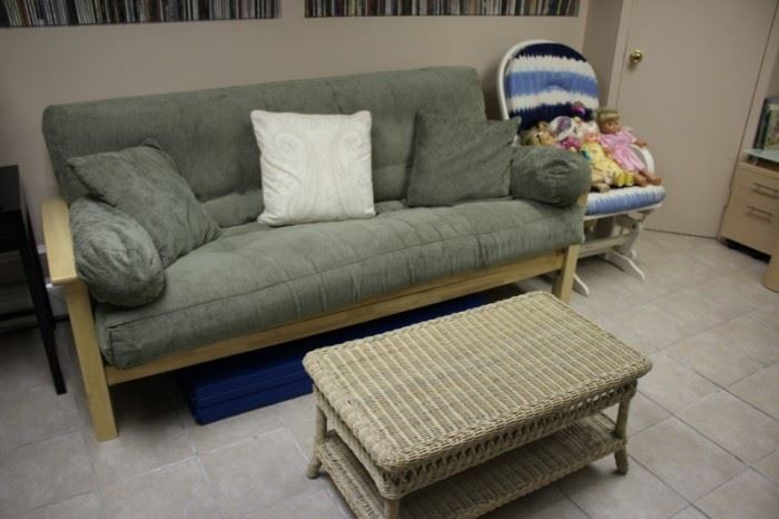Sofa, Wicker Coffee Table and Glider Chair