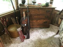 Bow, arrows and antique 3 drawer chest