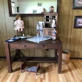 Antique library table and doll/child's furniture, dolls and more