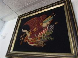 Wonderful and early needlepoint of American eagle with American Flag-