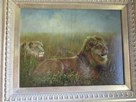 Oil on board of Lions- purchased in the south- artist signed in exceptional Milan frame.