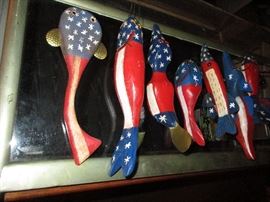 This is a small collection of contemporary patriotic ice fishing lures- in time for the 4th of July celebration. Some are signed- great surface and forms.