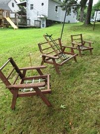 Classic redwood outdoor furniture- loveseat and two chairs- needs cushions. With redwood furniture remember nothing eats the wood- they wear and will last forever. And with cushions- classic look and very comfy.