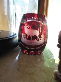 Beautiful cranberry to clear cut glass handled mug