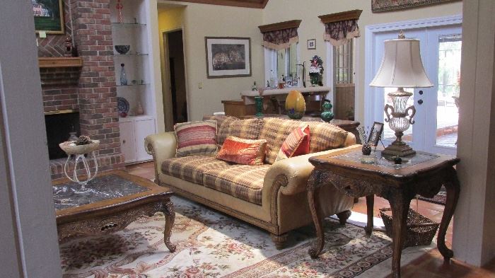 Plaid silk and leather couch signed design piece