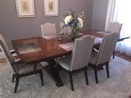 Beautiful grey blue upholstered dining room set--Plus the rugs