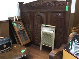 Clock and Maidrite scrub board - close up of detail in parson’s bench