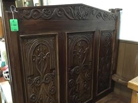 View of the back of the parson’s bench - both are beautiful carved wood pieces and are in great condition. 