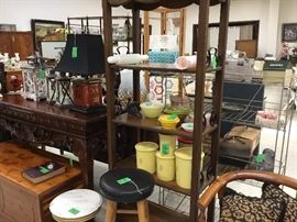 Kitchen items, Tupperware set of canisters, + stool and small marble top table