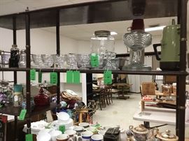 More glass items along with oil lamp and vintage perculator