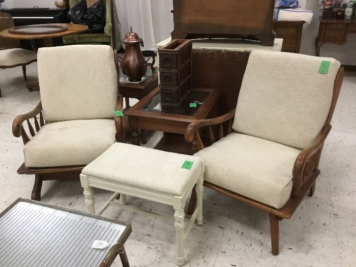 Mid Century modern chairs with end table and a vintage stool