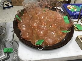 Pink cups, glasses, and pedestal glasses - cut glass and etched glass