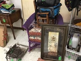 Purple wicker chair, picture, child’s rocking chair 