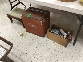 Stool, Coke box, miscellaneous items all over 