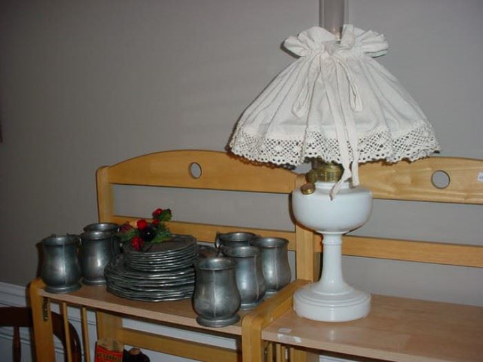 Aladdin lamp, with nice pewter drinking set
