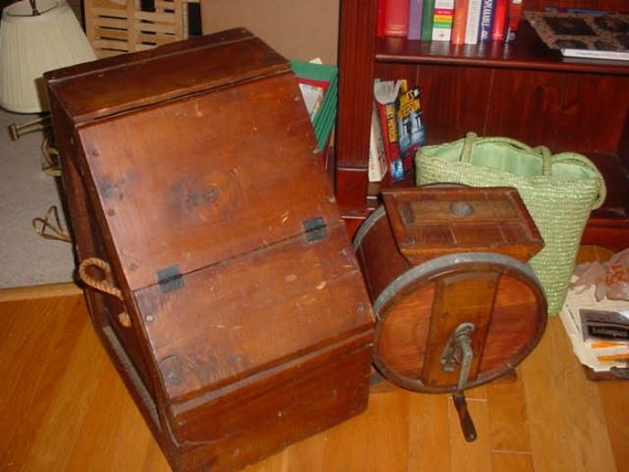 This is an original wooden shipping crate, marked National Cash Register, as was the crate the register was shipped in, plus wonderful old churn beside it
