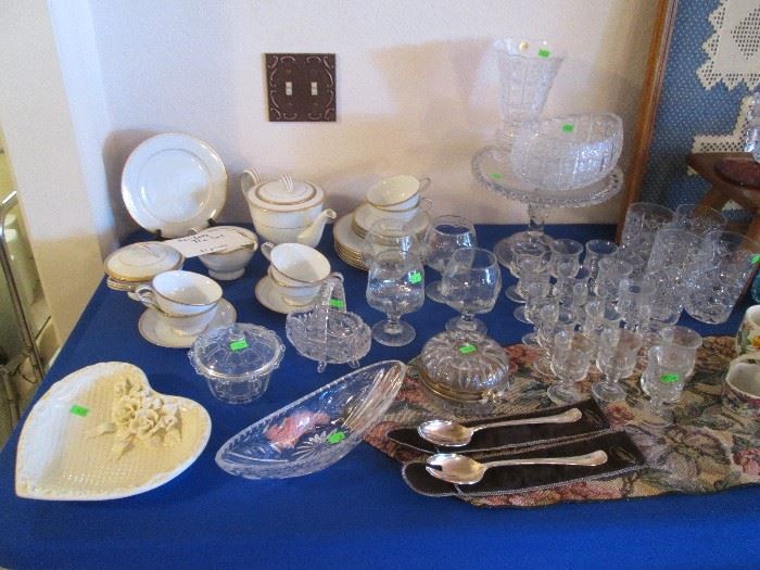 Noritake Tea Set #5290 "Goldart", back left of photo.     Cordials and Cut Glass Serving Pieces