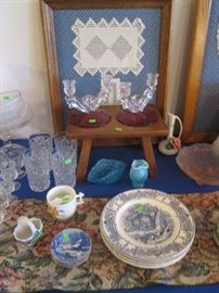Blue Hobnail, plus 6-Royal Staffordshire Plates, Rural Scenes.  Notice the Framed Needlework!