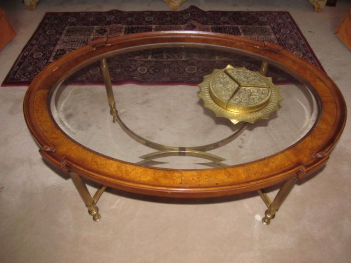 Oval wood/brass/glass coffee table