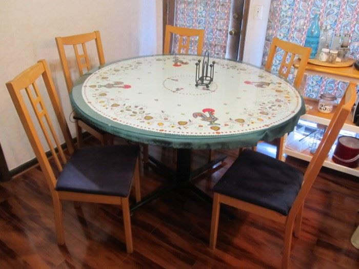 6 Ikea side chairs, kitchen table with metal base, wood top and glass top