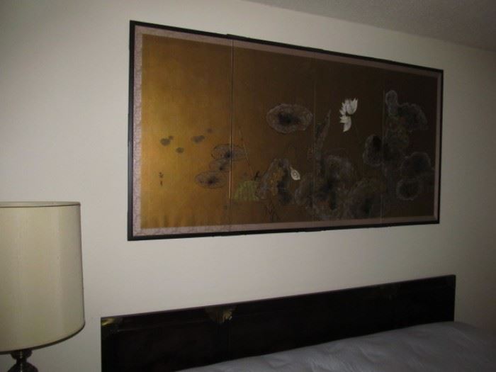 Bernhardt king bed and 4 panel Japanese screen