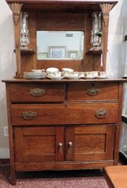 ANTIQUE OAK SIDEBOARD WITH BEVELED MIRROR