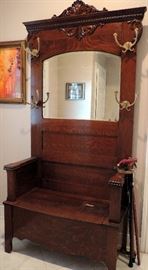 ANTIQUE OAK HALL TREE WITH BENCH STORAGE
