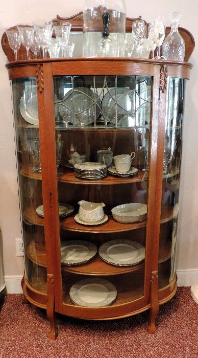 ANTIQUE OAK BOW FRONT GLASS CHINA CABINET AND CHINA SET