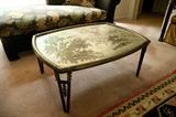 Philip & Kelvin LaVerne "Le Fleur" Coffee Table, rectulangular top with edges and trim. V shaped legs with leaf detail, acid etched surface, signed, very good original condition