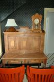 Four Drawer Writing Settee with 19th c. Waterbury Gingerbread Clock
