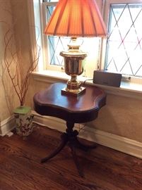 Mahogany, Leather Top Accent Table, Brass Lamp