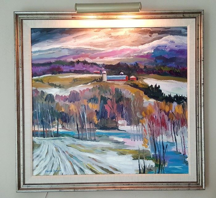 Winter landscape oil canvas painting by Frank Larson approximately 35.5× 40